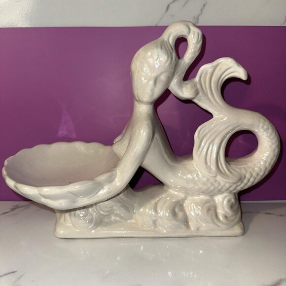 Large Vintage Lusterware Nude Mermaid & Seashell Figurine Trinket Dish 12”x9.5” - Picture 1 of 8